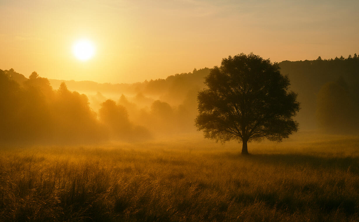 Golden sunrise over a meadow with a lone tree.